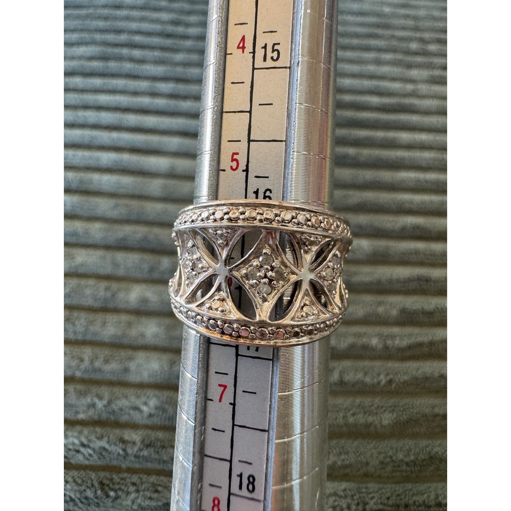 925 Sterling Silver Diamond Accent Ring, Wide Band, Size 6, RJ6, Statement‎ Ring